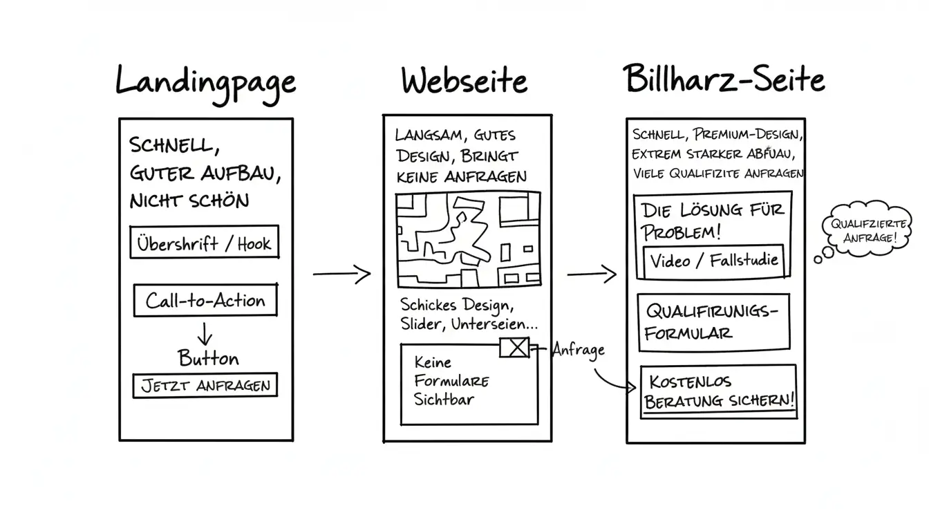 Warum eine normale Webseite Vertrauen zeigt, eine Landingpage Geschwindigkeit – und eine Billharz-Webseite beides liefert